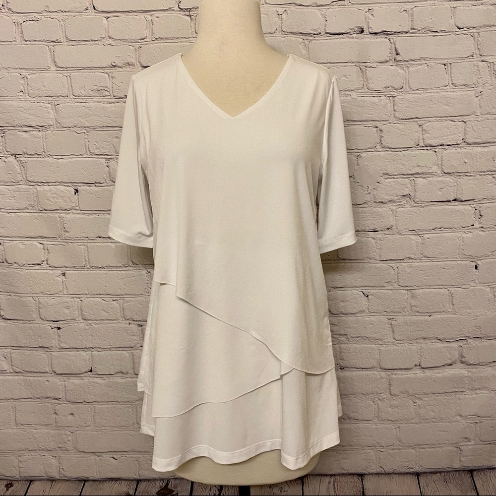 Susan Graver Liquid Knit Elbow Sleeve Tiered Tunic White Size XS New
